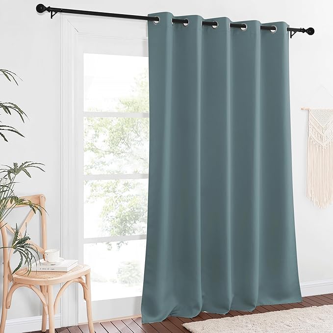 NICETOWN Patio Blackout Curtain Panels - Extra Wide Sliding Door Thermal Insulated Drape, Privacy Room Divider Curtain for Bedroom Office (Greyish Blue, 66 x 118 Inch Long)