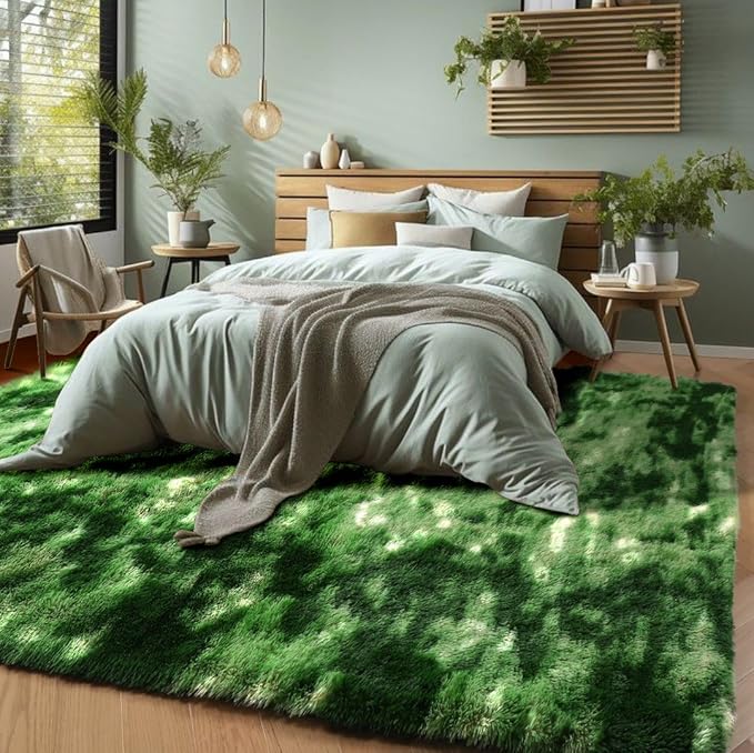 PAGISOFE Fluffy Dark Green Rugs for Living Room 5x8, Modern Abstract Bedside Carpets, Plush Rug High Pile Emerald Green Rugs for Kids Boys Girls Teen Dorm Nursery Room Decor Aesthetic, No-Shedding