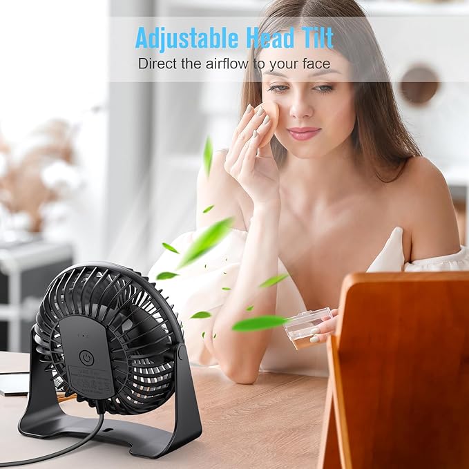 BESKAR USB Small Desk Fan, Portable Fans with 3 Speeds Strong Airflow, Quiet Operation and 360°Rotate, Personal Table Fan for Home,Office, Bedroom - 3.9 ft Cord