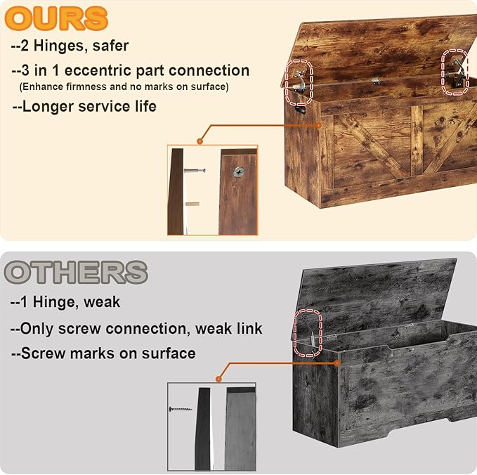 Timberer 39.4" Storage Chest, Wooden Storage Bench, Large Storage Trunk with 2 Safety Hinges, Entryway Shoes Bench for Living Room, Bedroom, Rustic Brown