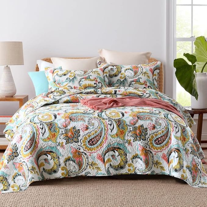 Cotton Bedspread Quilt Sets Reversible Bedding Coverlet Sets Comforter Paisley Floral Bedspread (White Paisley Floral, Queen Size)