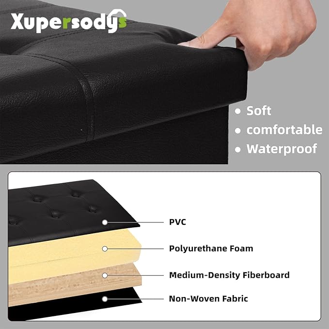 xupersodys 30 Inches Folding Storage Ottoman Bench, Faux Leather Footstool Ottoman, Storage Trunk Footrest for Bedroom, Living Room and Hallway, Support 350lbs, Black（Black line）