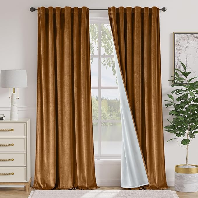 Lazzzy Gold Brown Blackout Velvet Curtains 96 Inches Long Thermal Insulated Room Darkening Curtain Drapes Luxury Back Tab Window Treatments for Bedroom Living Room 2 Panels, 52 x 96 Inch, Golden Brown