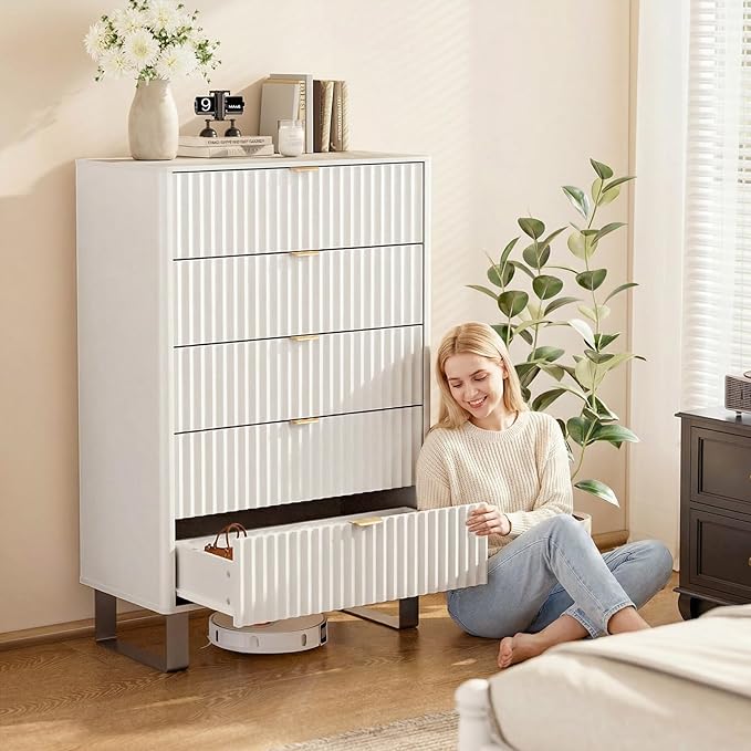 Fluted 5 Drawers Dresser, 48" H Modern Country Storage Dressers with Brushed Metal Handles, Wood Storage Organizers for Living Room, Hallway, White