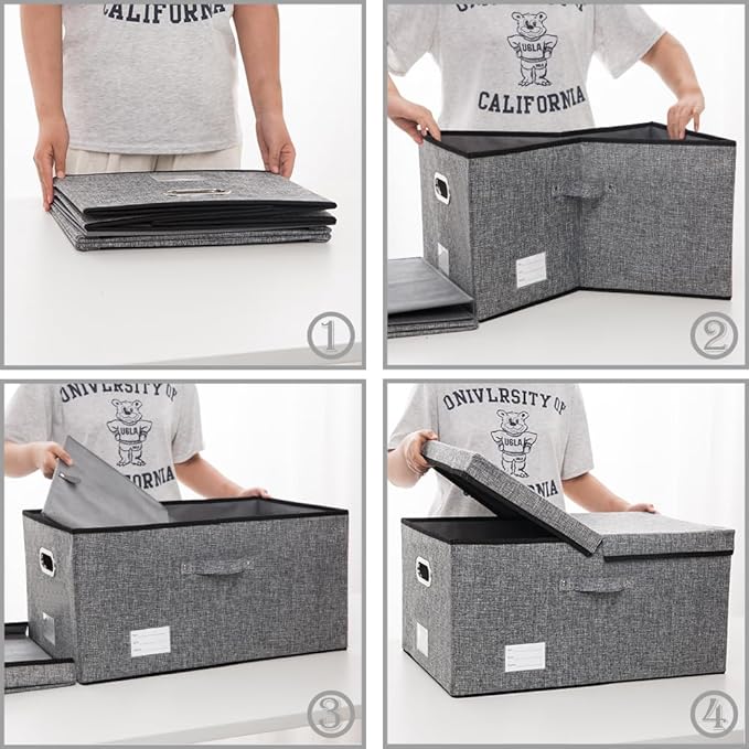 PRANDOM Storage Bins with Lids [3-Pack] Linen Fabric Foldable Storage Boxes Organizer Containers Baskets Cube with Cover Grey(23.4X15.9X11.4)