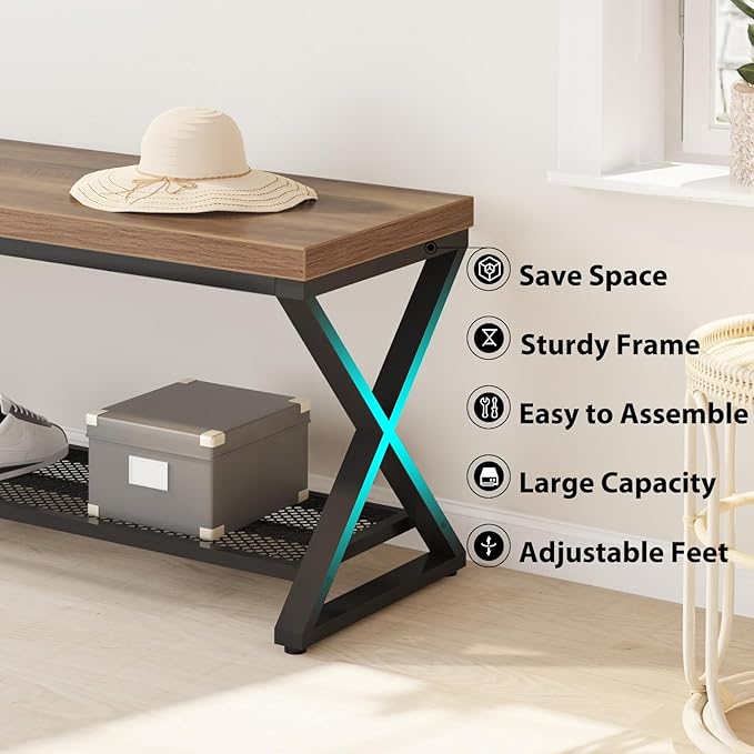 LVB Entryway Shoe Bench with Storage, 39” Entryway Bench for Foyer Hallway, Farmhouse Wood and Metal Indoor Bench for Entrance, Shoe Rack Storage Bench with Sitting for Living Room, Rustic Oak, 39 in