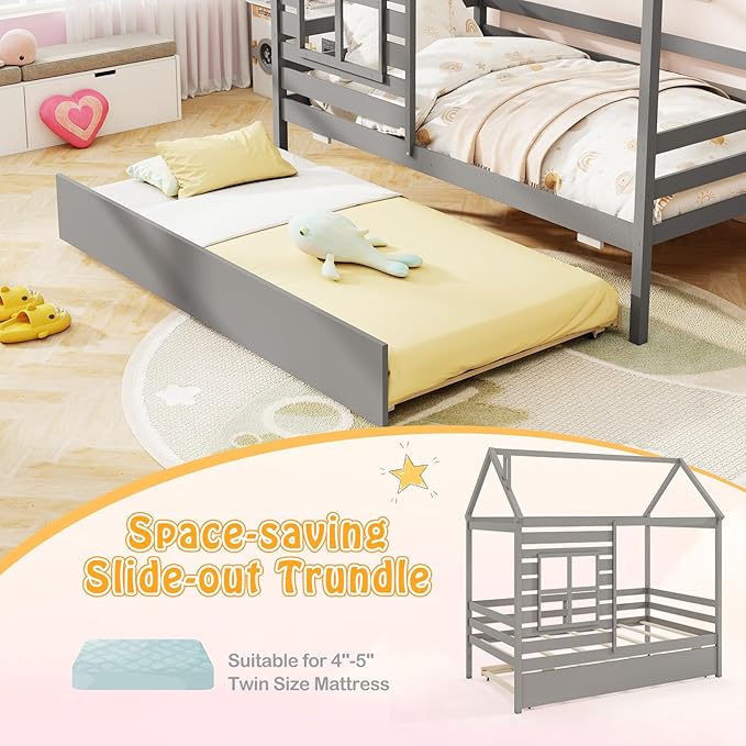 Giantex Twin House Bed with Trundle Bed, Wooden Twin Bed Frames with Roof, Chimney & Window, Montessori House Bed with Safety Guardrails for Kids, Boys, Girls, Teens (Grey)
