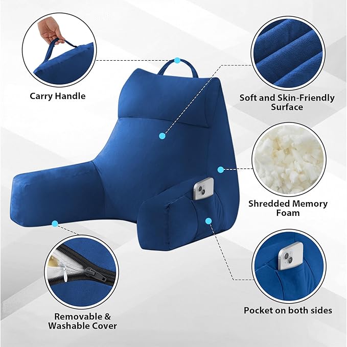 IPYNBAP Back Pillow for Bed Sitting up, Reading Pillow for Sitting in Bed Adult, Back Support Pillow, Memory Foam Sit up Lounge Backrest Pillow with Arms for TV, Couch, Chair, Dorm, 18 Inch, Navy Blue