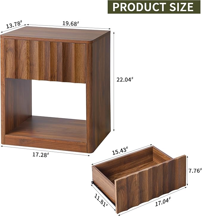 Fluted Dresser, Small Nightstands Set of 2, Walnut Bedside Table with Drawer and Storage, Mid Century Modern Side Table for Bedroom Sofa