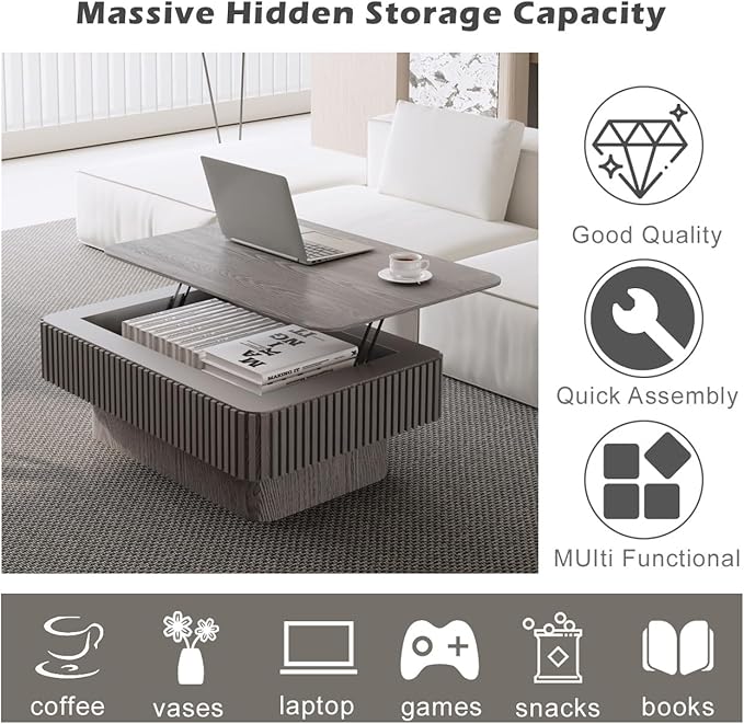 Lift Coffee Table with Storage & Adjustable Height, Rectangle Solid Wood Coffee Table Fluted Center Table Accent Tea Table or Living Room, Apartment, Office (38.6" Grey)