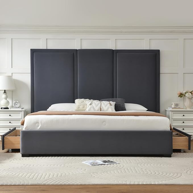 YUHUASHI King Size Bed Frame with 64-inch High Headboard, Simple and Airy Linen Upholstered Platform Bed with Storage Drawers, Wood Slat, No Noise (Grey, King (U.S. Standard))