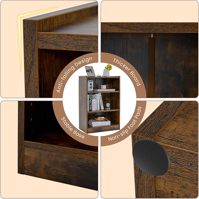 LOKO 3-Tier Open Bookcase, Modern 3-Cube Bookshelf with 18-Position Adjustable Shelves & Anti-toppling Devices, Multipurpose Cubical Display Storage Organizer for Living Room Study (1, Rustic Brown)
