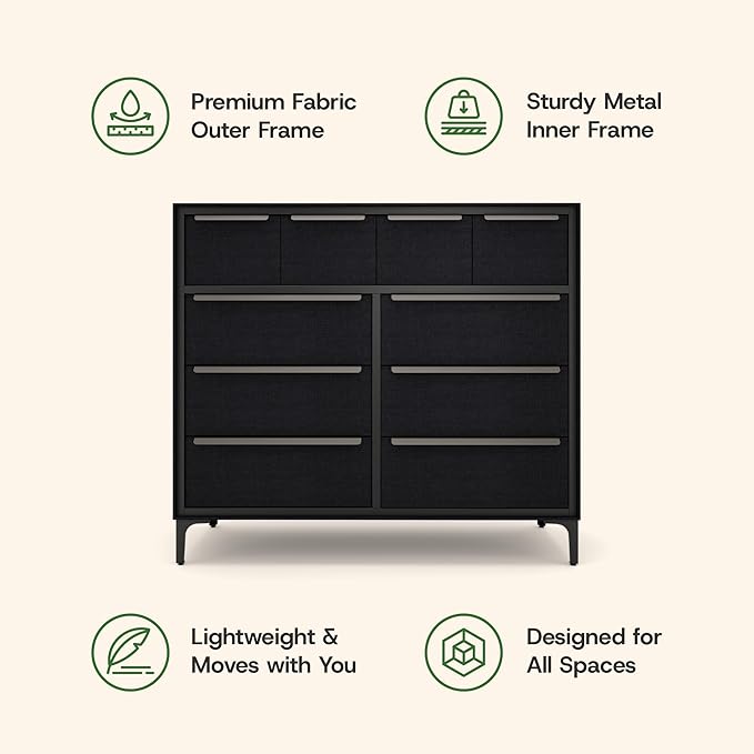 Naima Premium Fabric Dresser - Strong Metal Frame, 10 Spacious Sag-Proof Drawers with Sleek Metal Handles - Premium & Durable Storage Solution for Your Home (Black)
