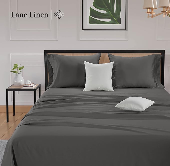 LANE LINEN Queen Size Bed Sheets Set – 600 Thread Count 100% Natural Cotton Cooling Sheets, Hotel Luxury Soft Sateen Finish, Snug Fit 15" Deep Pocket Elasticized Fitted Sheet – Charcoal