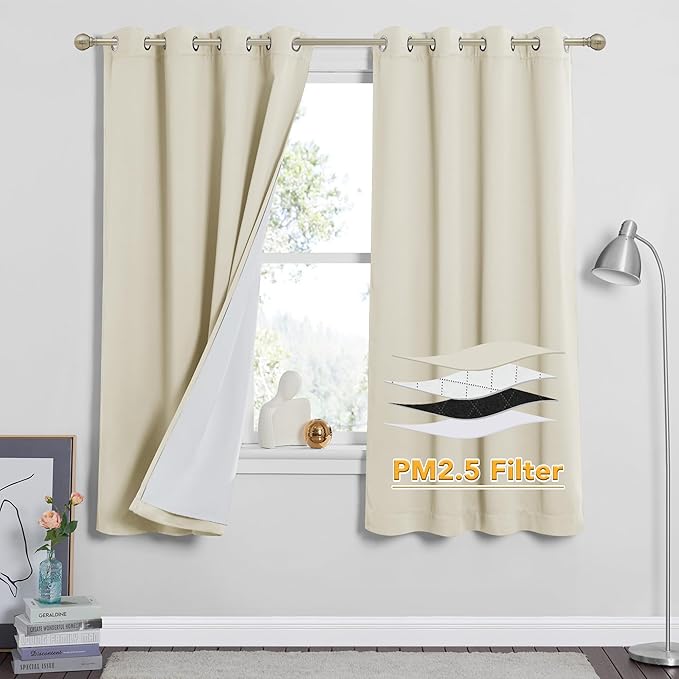 RYB HOME Soundproof & Dust Particle Filtering Curtains 100% Blackout Thermal Insulated Window Treatment Air Filter Drapes for Bedroom Living Room Kids Nursery, Beige, W52 x L63 inch, 2 Panels