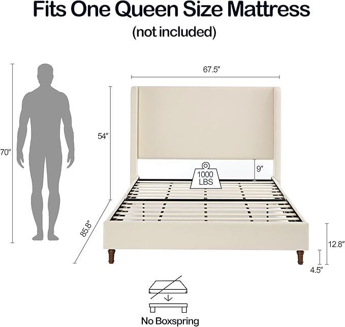 Queen Size Upholstered Bed Frame, Wingback Headboard BedframesHarper, 54" Tall Headboard Platform Beds/No Box Spring Needed/Easy Assembly/Elegant Simplicit, Beige Boucle