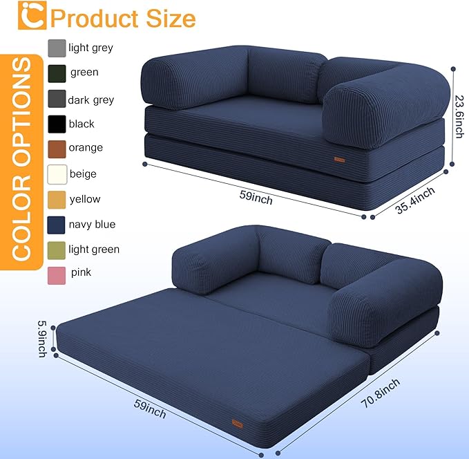 COMAX Futon Sofa Bed, 4-in-1 Floor Foldable Sofa Couch Bed Queen with L-Shaped Armrests, Convertible Folding Chair Bed Sleeper Mattress Fold Out Comfy Lounge for Living Room Bedroom, Dark Navy Blue