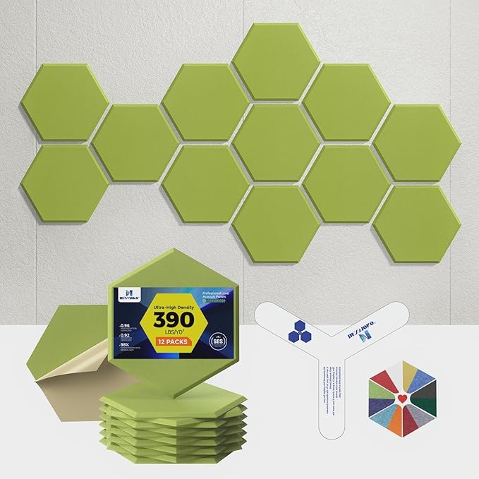 Self-Adhesive Acoustic Panels [390 lbs/yd³ Ultra-High Density], 2nd Generation Sound Absorbing Panel, Professional Level Sound Panel, Polyester Soundproof Foam [Size L, Fruit Green]