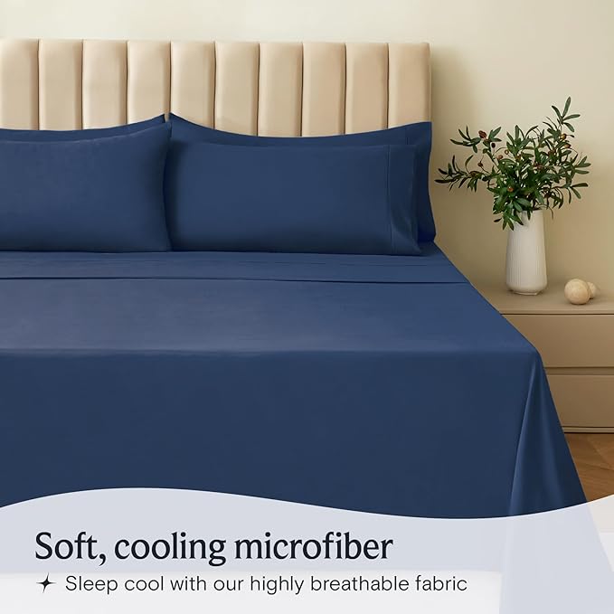LuxClub 3 PC Twin Sheet Set, Deep Pockets Wrinkle Free Cooling Bed Sheets Hotel Bedding for Women, Men, Kids & Teens, Includes 1 Fitted Sheet, 1 Flat Sheet and 1 Pillowcase-Silky Soft Navy
