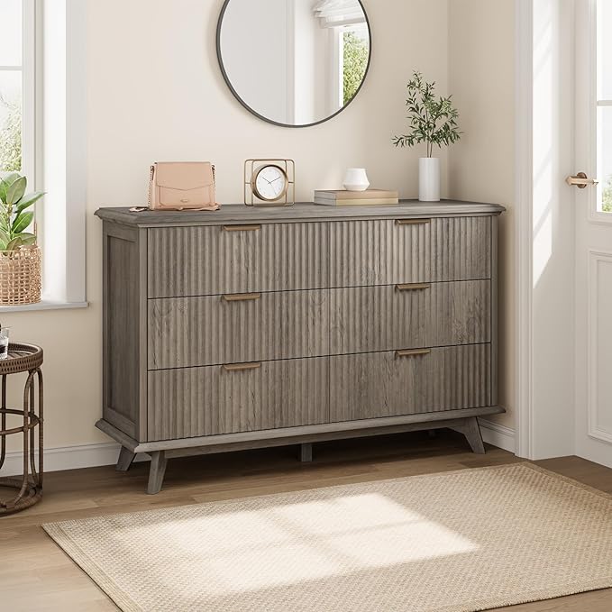 QUW Modern Fluted Dresser for Bedroom with 6 Drawers,47.2" Wood Closet Organizers and Storage,Wide 6 Drawer Dresser with Metal Handle,Hallway,Living Room(Grey)