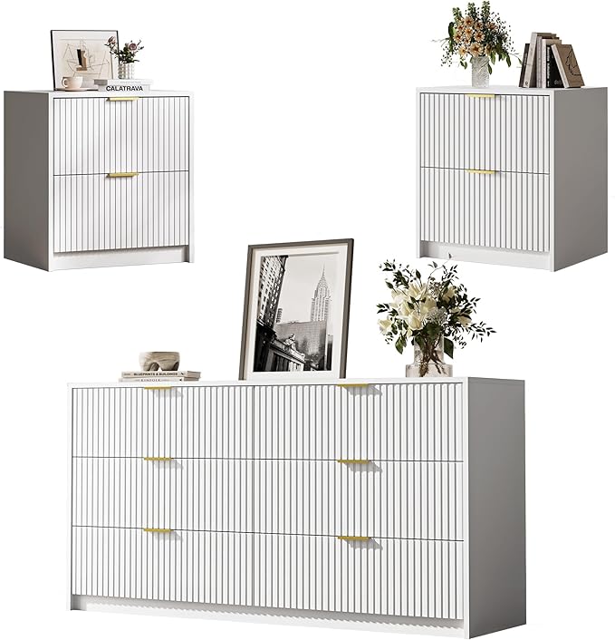 3-Piece Dresser Bedroom Set, 6 Drawer Dresser & 2 Drawer Nightstands with Gold Handles, Fluted Wood Chest of Drawers for Bedroom, Living Room, Entryway, White