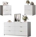 3-Piece Dresser Bedroom Set, 6 Drawer Dresser & 2 Drawer Nightstands with Gold Handles, Fluted Wood Chest of Drawers for Bedroom, Living Room, Entryway, White