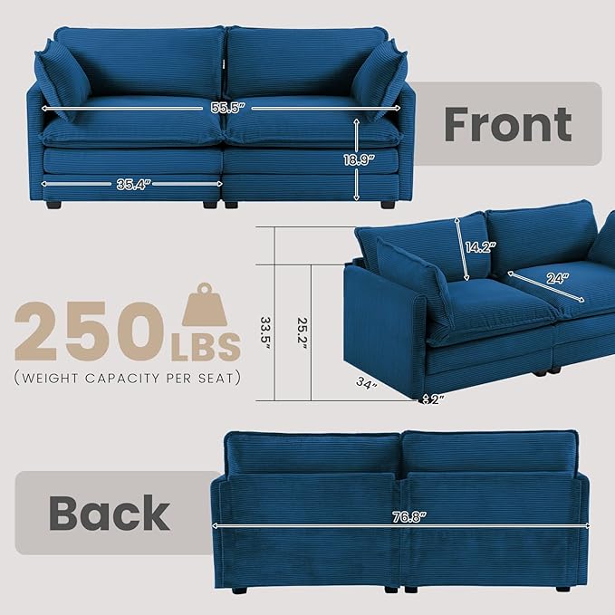 78'' Sectional Modular 2 Seat Cloud Loveseat, Oversized Love Seat 2 Seat Sofa with 2 Throw Pillows, Upholstered Corduroy Sofa Comfy Deep Couches for Living Room and Office, Blue
