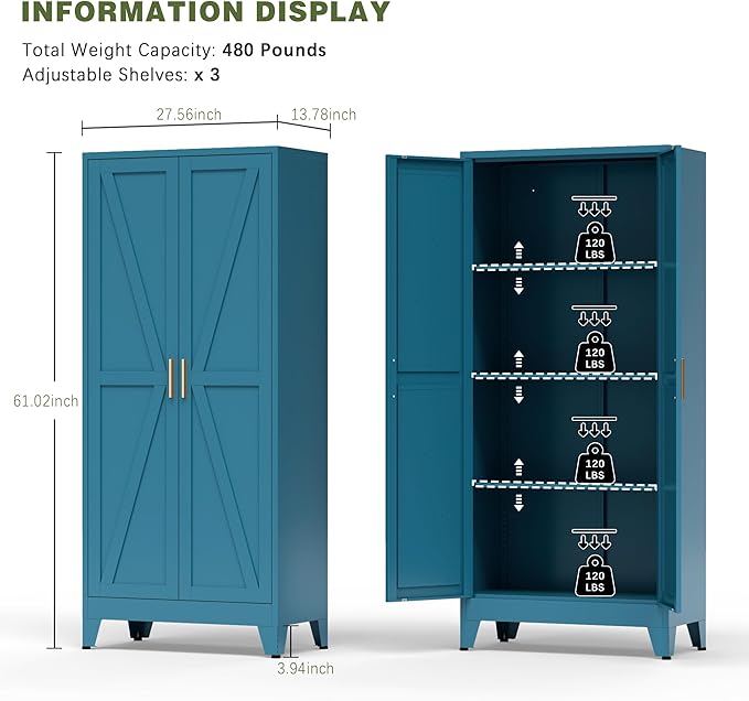 COFaR Home Farmhouse Storage Cabinet with 2 Barn Door, Tall Kitchen Pantry Cupboard with 3 Adjustable Shelves, for Dining Room, Bathroom, Living Room (Blue Green, 61" Farmhouse)