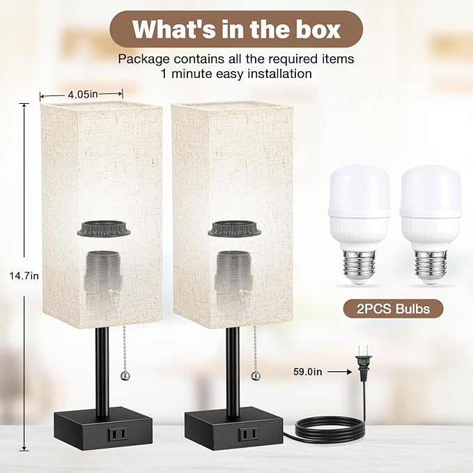 Bedside Table Lamps for Bedroom Set of 2 - Small Rectangular Nightstand Lamp with AC Outlet Charging Port, 3 Color Temperatures Desk Light with Bulb, Tabletop Reading Lamp for Living Room/Dorm/Office