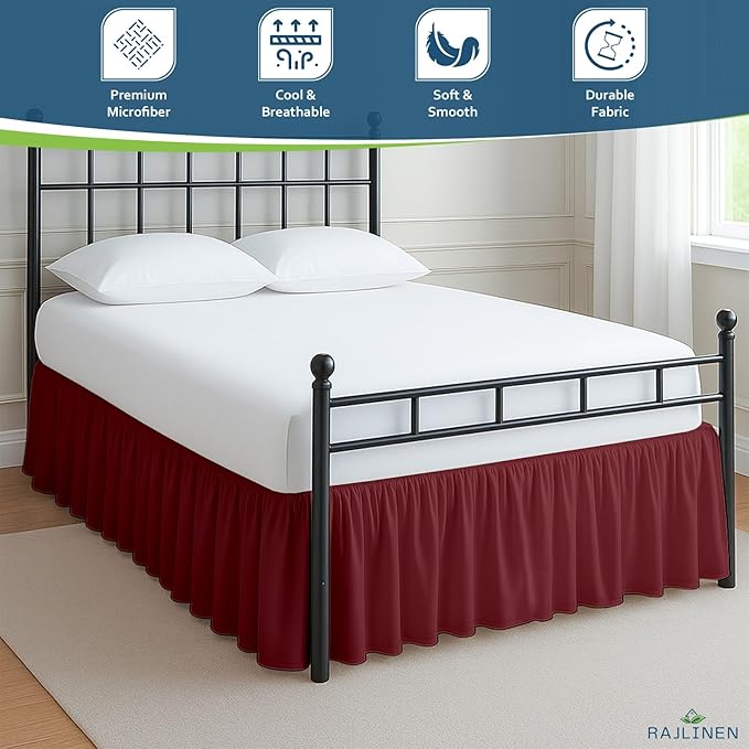 Rajlinen Ruffled Bed Skirt Twin, 24 Inch Drop Dust Ruffle with Split Corners, 100% Microfiber Bedskirt with Platform, Three-Sided Coverage Ruffled Gathering Design, Burgundy
