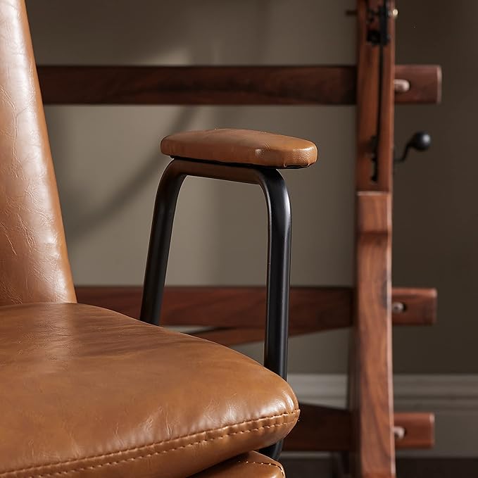 Art Leon Mid Century Modern Chair, Oak Legs Swivel Accent Chair No Wheels, Faux Leather Armchair for Small Spaces Home Office Living Room Bedroom, Yellow Brown