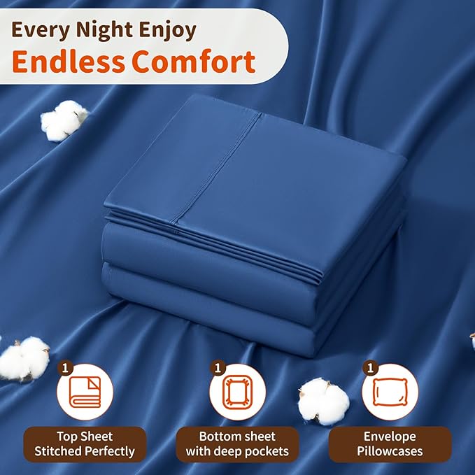 LBRO2M 1000 Thread Count 100% Egyptian Cotton Sheets Set Twin XL, 3 Piece Sets Bed Sheet Deep Pocket Sheet Set 16" Soft Comfortable All Season (Twin XL, Navy Blue)