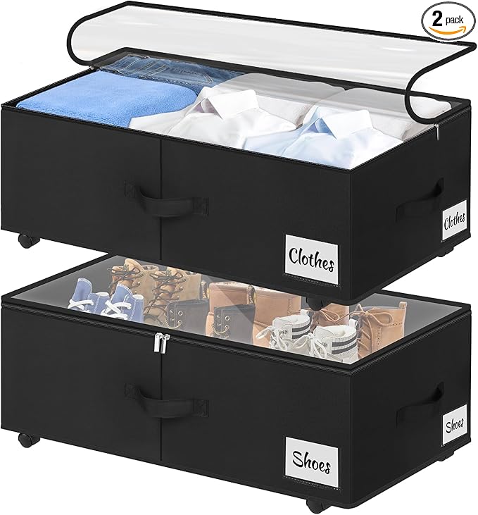 Under Bed Storage with Wheels, 2-Pack 10" Height XXL 60L Rolling Storage Bins, Quick Assembly Underbed Shoe Storage Containers with Clear Lid & Label, Dorm Under bed Drawers for Clothes, Shoes, Black