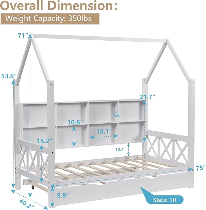Twin House Bed for Kids with Trundle and Storage Shelves, Montessori Bed with Guardrails and Wood Slats, Platform Bed with Headboard for Boys Girls, 74.4" L x 40.2" W x 71" H, White