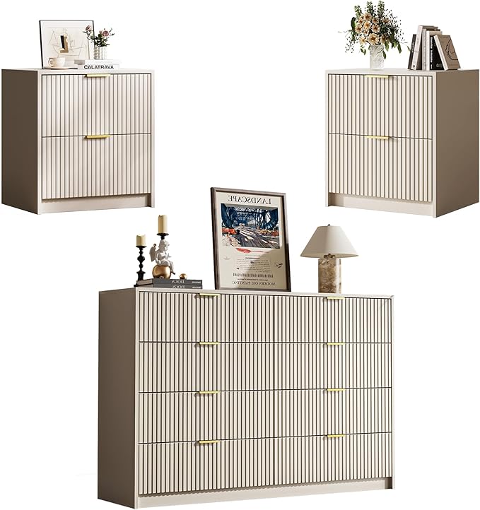 3-Piece Dresser Bedroom Set, 8 Drawer Dresser & 2 Drawer Nightstands with Gold Handles, Fluted Wood Chest of Drawers for Bedroom, Living Room, Entryway, Beige