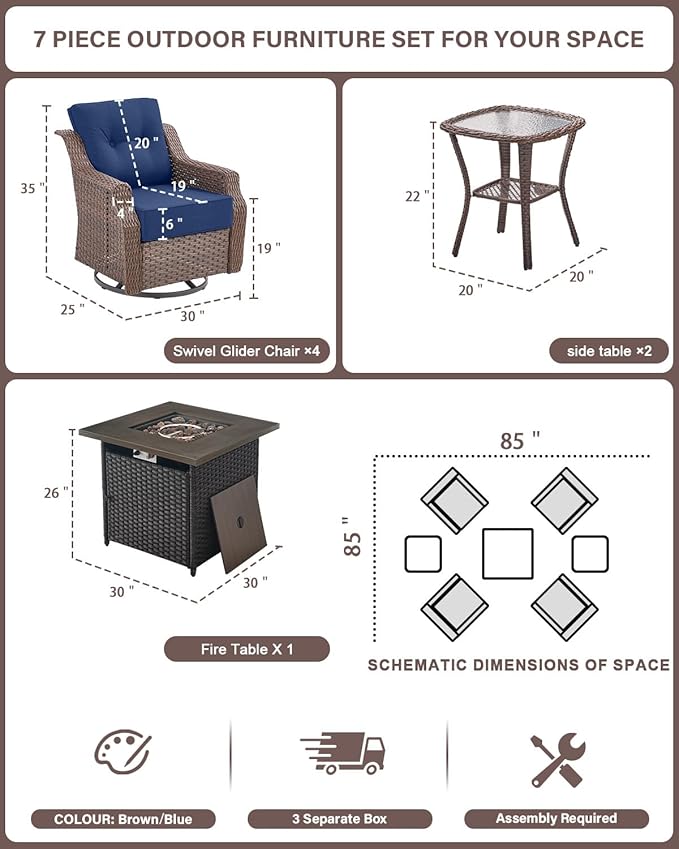 Belord Luxury Patio Furniture Set with Fire Pit Table - Outdoor Swivel Rocker Chairs Set of 4 with 30 inch Propane Fire Table for Patio Conversation and Cozy Outdoor Gatherings