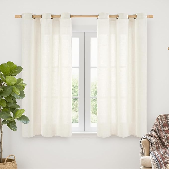 YoungsTex Ivory Linen Curtains 40 Inch Length for Kitchen Window, Short Semi Sheer Drapes Light Filtering with Bronze Grommet Privacy for Cafe Bathroom Windows, 42 x 40 Inch, 2 Panels