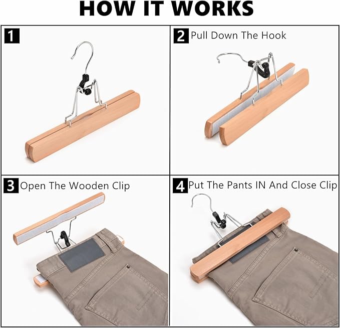 Amber Home 10 Pack Natural Wooden Pants Hangers, Wood Clamp Hangers with Non Slip Padded Velvet, Jeans/Slacks Hangers Hair Extension Hangers for Skirts, Trousers, Wigs (Natural, 10)