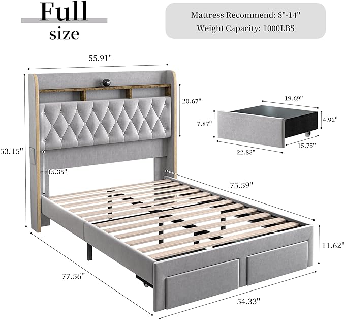 Full LED Bed Frame with Storage Drawers, Velvet Upholstered Platform Beds with Galaxy Star Projector Charging Station Speaker, Aurora Bedframe with 2-Tier Storage Headboard, Noise-Free, Grey