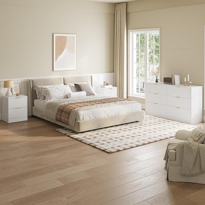 6 Drawer Dresser and Nightstand Set 3-Piece, 55” Wide Bedroom Dressers & Night Stand Set of 2 with Metal Handle, Fluted Modern Wood Chest of Drawers Storage Dressers Set for Bedroom, White
