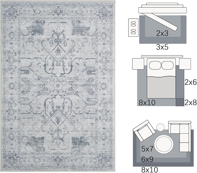 jinchan 8x10 Area Rugs for Living Room Washable Soft Throw Rug Ultra-Thin Stain Resistant Non-Slip Distressed Vintage Floral Large Carpet for Bedroom,Dining Room,Home Office,Nursery (8x10ft,Grey)