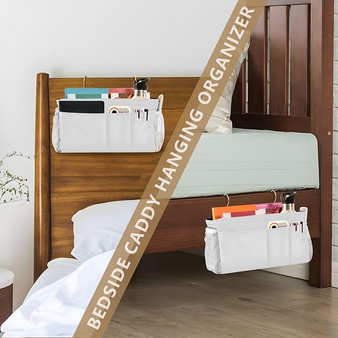 KOPIRIT White Bedside Caddy Storage Bag Bedside Organizer for Bunk Bed Headboards College Hanging Storage Organizer 6 Pockets with Hooks for Drinks Magazine Phone Holder