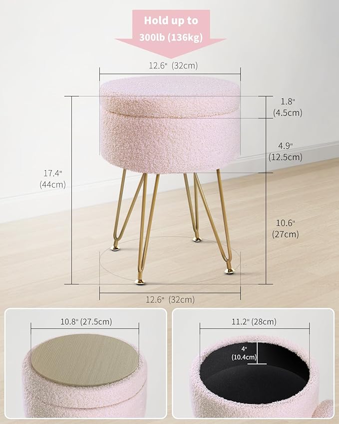 ABHENG Storage Ottoman Round Footrest Stool, Vanity Stool Chair Faux Teddy Fur with Storage, Pouf Couch Stool, Dressing Table Seat, Modern Multifunctional Chairs, 12.6"x12.6"x17.4" Jelly Pink UASND51P