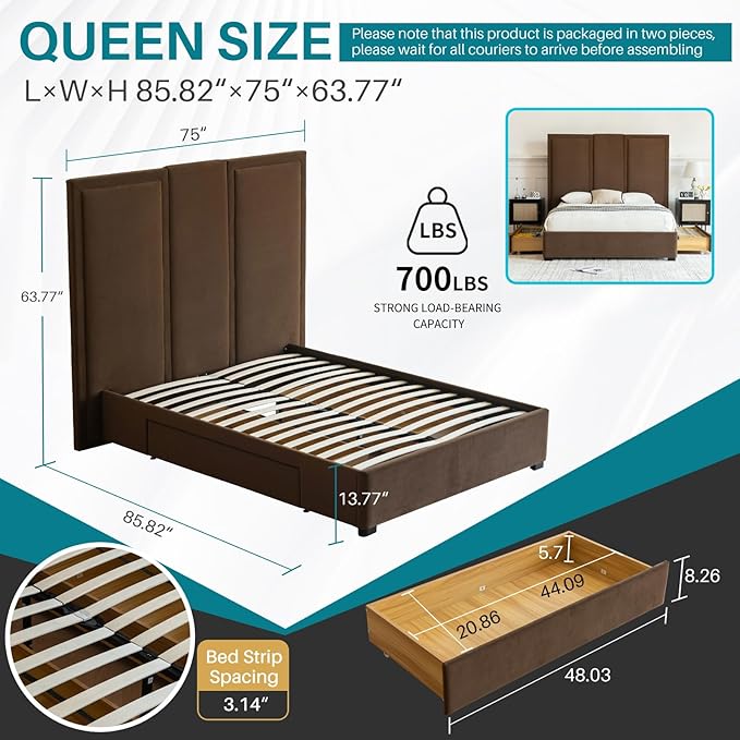 YUHUASHI Queen Size Bed Frame with 64-inch High Headboard, Simple and Airy Linen Upholstered Platform Bed with Storage Drawers, Wood Slat, No Noise (Brown, Queen)