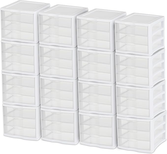 Sterilite ClearView Compact Stacking 3 Drawer Storage Organizer System for Crafting Supplies, Home Office, or Dorm Room, (16 Pack)