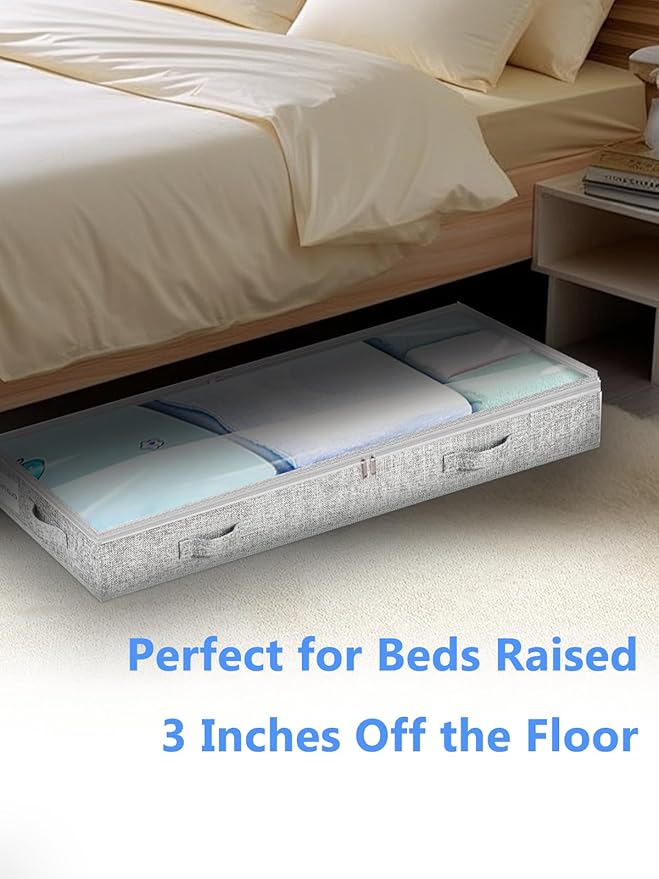 Low Profile Under Bed Storage, 3-Inch High Foldable Underbed Storage Bins with Lid & Zipper, No Structure, Super Slim Clothes Organizer for Crib Dorm Couch Low Bed, 8-Pack, Clear Top