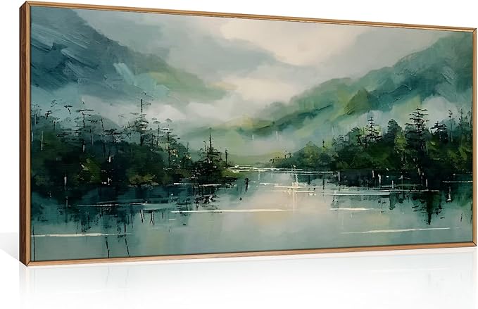 LHIUEM Large Foggy Forest Mountain Framed Canves Wall Art Set,Nature Green Watercolor Artwork,Abstract Modern Landscape Pine Tree Painting for Living Room,Bedroom,Office- 20''x40''x1