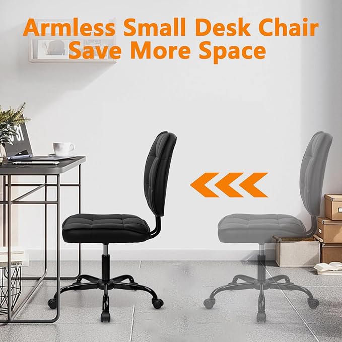 CLATINA Armless Home Office Chair with Lumbar Support and Wheels, Small PU Leather Ergonomic Low Back Desk Chairs No Arms, Adjustable Height 360° Swivel Rolling Computer Task Chair, Black, 8 Pack