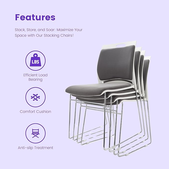 80 Stackable Chairs - 1102LB Capacity Modern Reception Chairs for Home Office, Kitchen, Waiting & Multi-Purpose Rooms, Break Room, Training, Cafeteria
