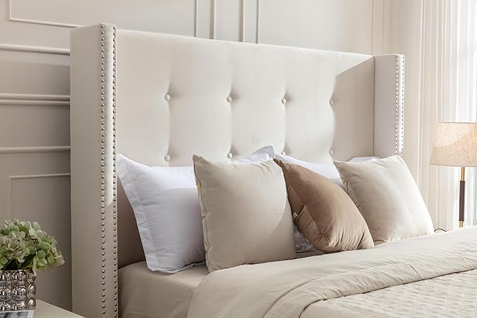 King Size Upholstered Bed Frame, 54" Tall Headboard Platform Bedframes with Nail Head Decorative Wingback, Hand Buttoned Tufting Headboard Beds/No Box Spring Needed/Minimalism, Ivory Velvet